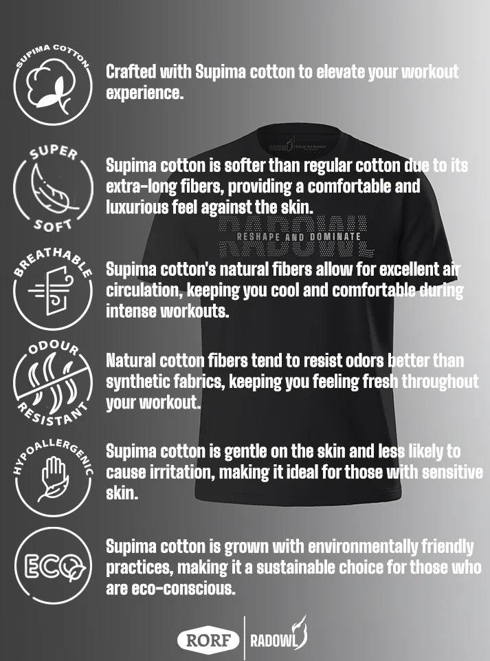 Radowl Gym Comfort Black t-shirt, stylish and durable, designed for men’s fitness.