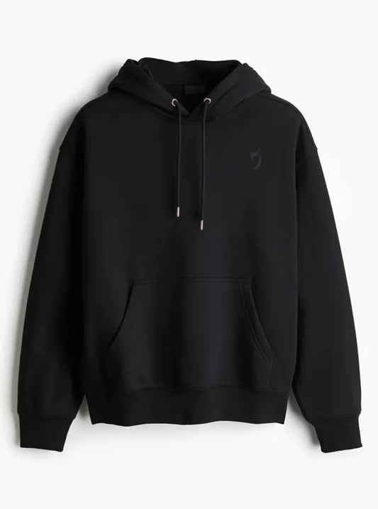 In this image a midnight black gym hoodie placed on white backgound, this hoodie is from Radowl gym wear brand it's name is "Abyss Oversized Heavy Hoodie - Midnight Black" this hoodie have heavy fabric which keep you warm, make it ideal choice for winter gym wear.