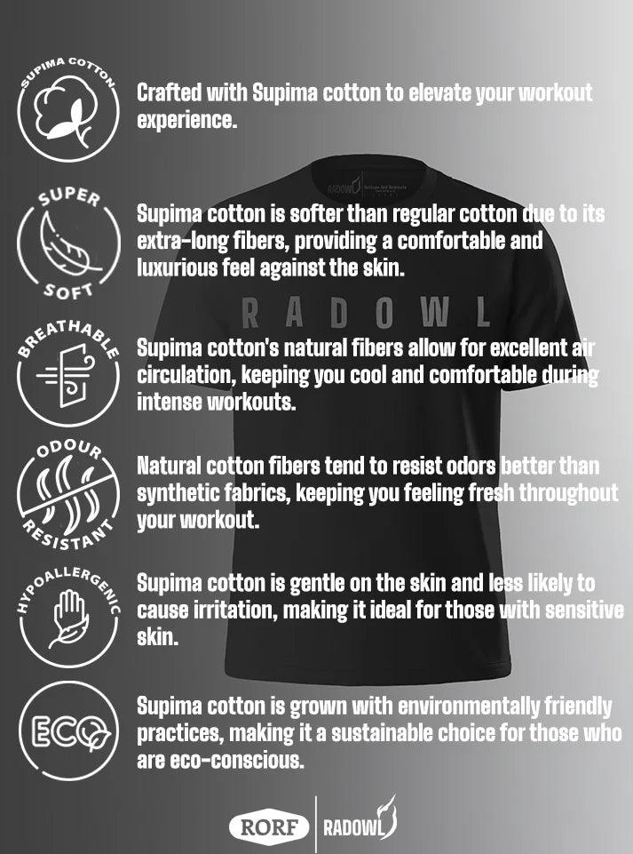 The Black RadOwl Gym Tshirt for men displayed with all its feature, emphasizing its versatility as a staple in men's gym clothing collections., a perfect gym wear