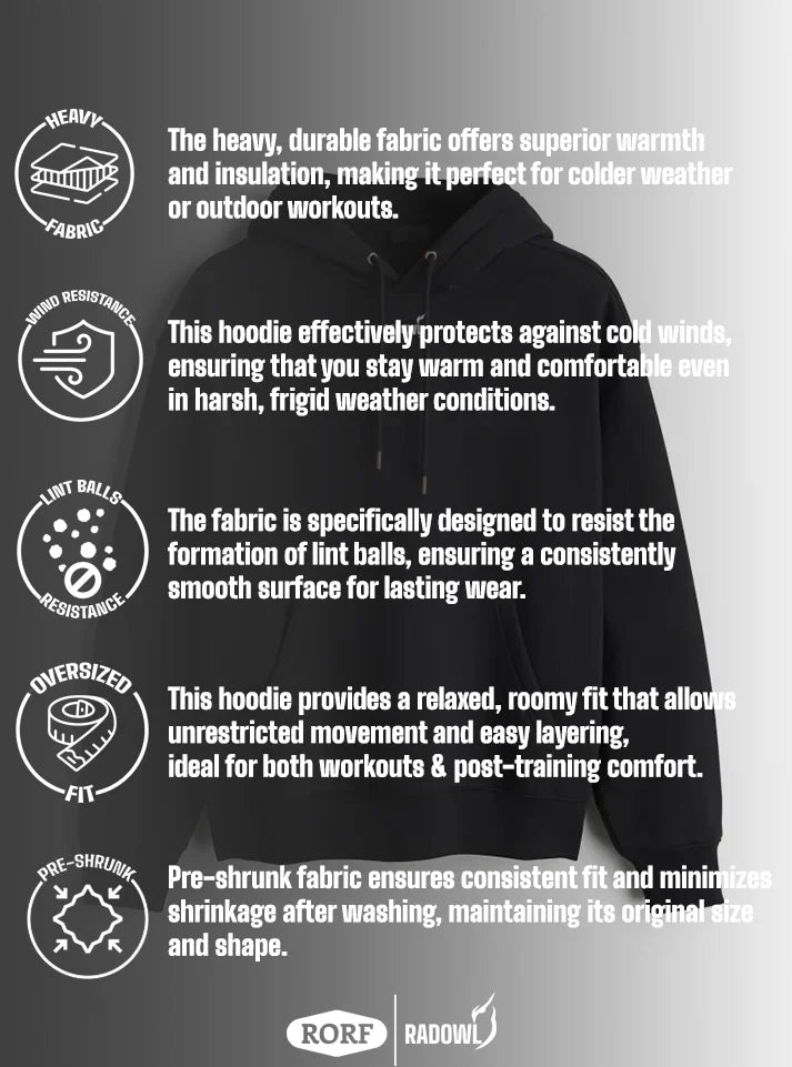 This image showing feature of "Legacy Oversized Heavy Hoodie Black" this hoodie have heavy fabric, wind resistance, lint balls resistance, oversized fit and it is pre shrunked. It is a product of Radowl gym wear brand.