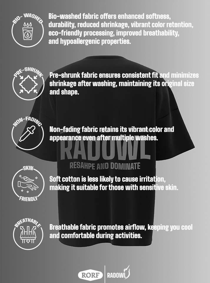 Comfort Radowl Oversized TShirt for men with 'Radowl' on the back and 'Reps, Sets, and Pump' on the front, in black bio-washed cotton, ideal for gym training