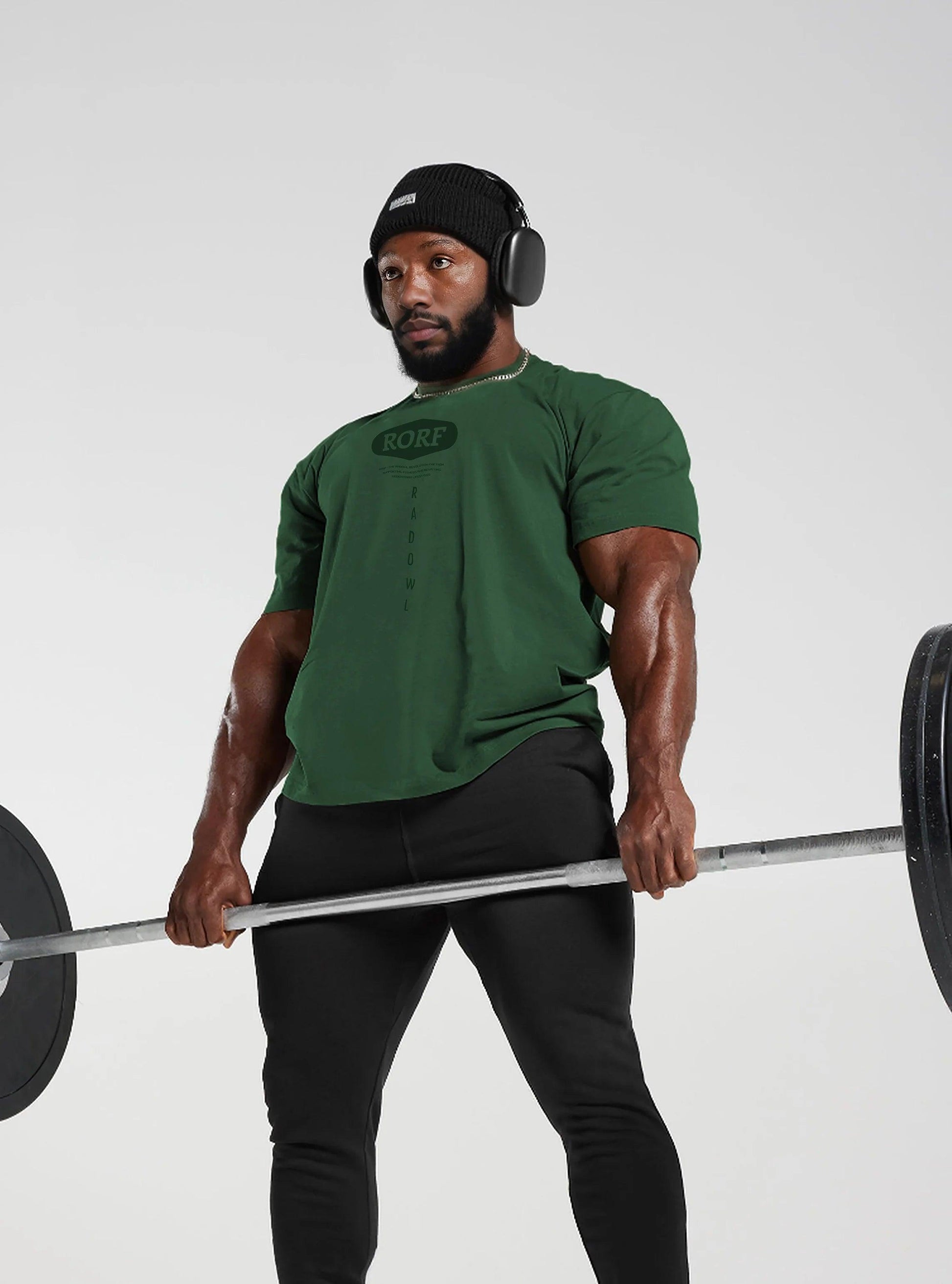 Men oversize gym tshirt in Hunter Green with RORF logo, perfect for HIIT, weightlifting, and everyday exercise.