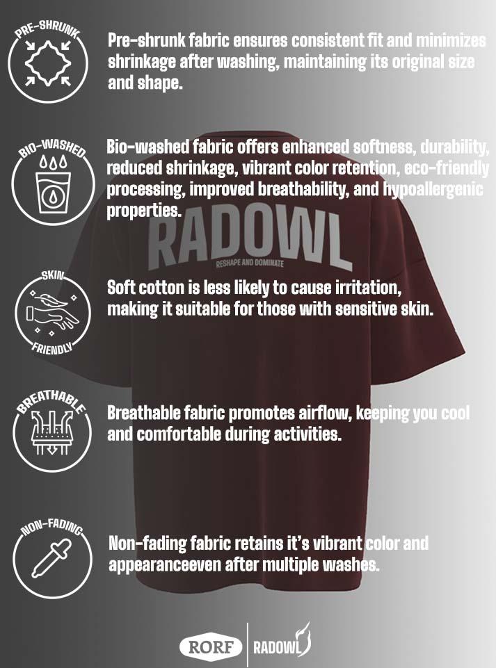 Men's RadOwl Oversized Maroon Tee with 'RadOwl' text at the upper back and RadOwl logo on the front, ideal for both gym sessions and casual outfits