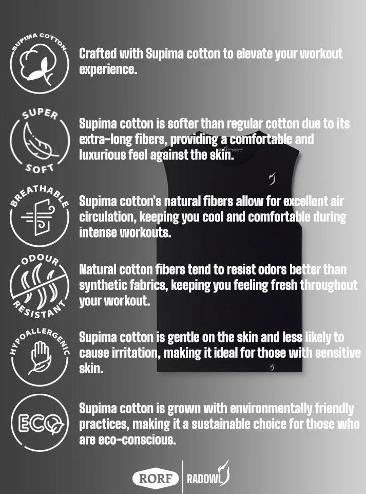 Black tank top for gym, featuring breathable fabric, hypoallergenic benefits, and a modern Radowl logo for a sleek and functional look.