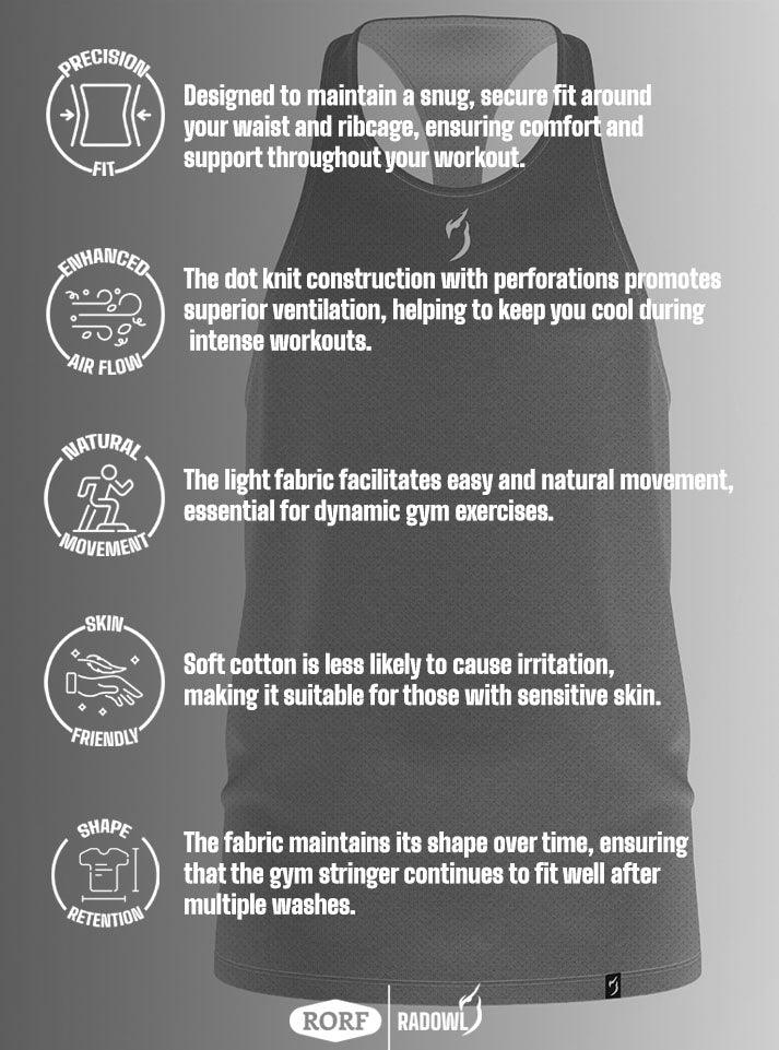 Men’s stringer gym top in grey, featuring breathable cotton fabric and a stylish Radowl logo design