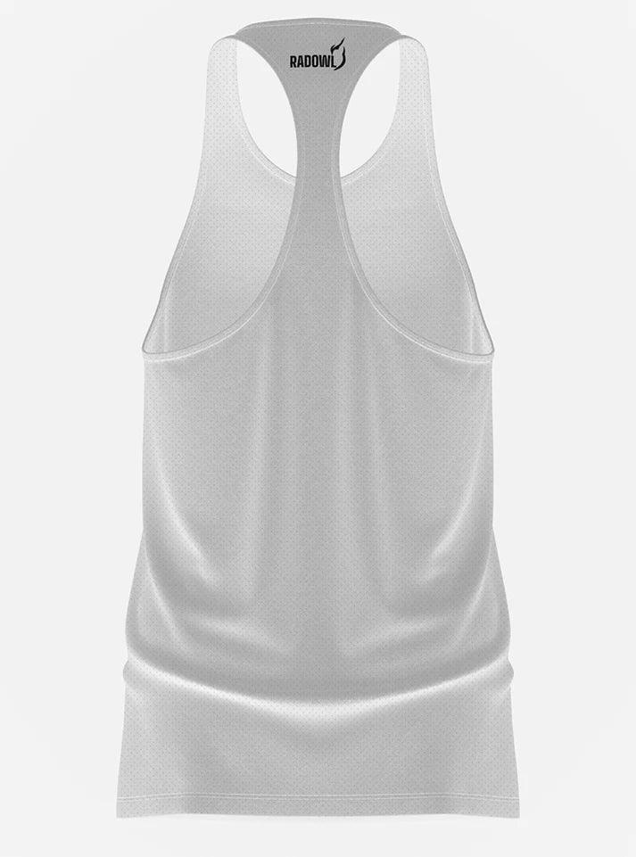 Close-up of the Radowl Emblem Stringer Gym Vest in white, showcasing the soft cotton dot knit fabric and bold chest logo design.