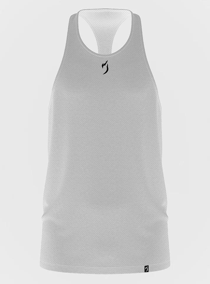 White Radowl stringer gym vest on a hanger, highlighting its minimalist design and breathable fabric, perfect for bodybuilding