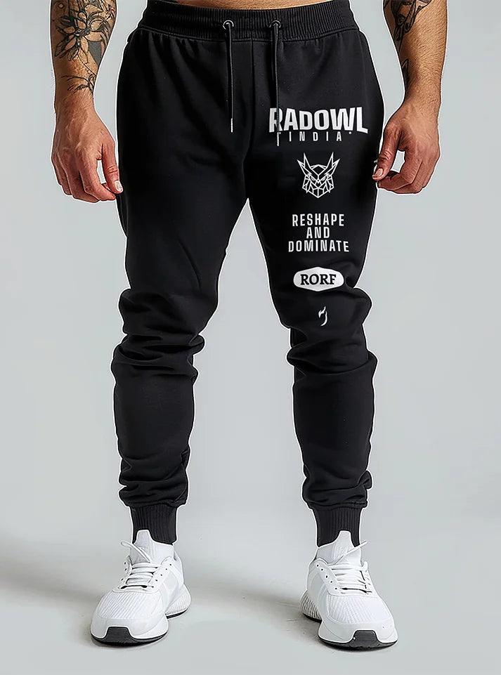 Grey Radowl x RORF gym joggers for men with bold white logo and slogan, perfect for gym wear and casual wear perfect choice for professional athlete by at radowl.co.in