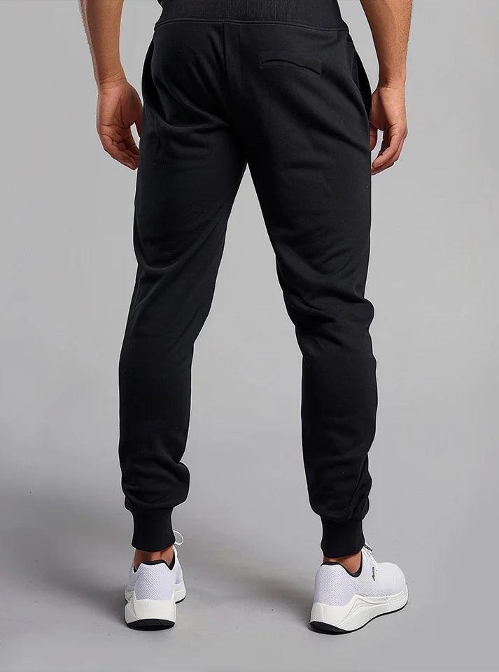 gym trouser for men with breathable, bio-washed cotton fabric, joggers in black with white colour big print, ideal for workouts but from radowl.co.in