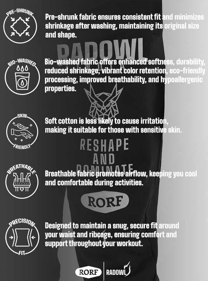 Pre shrunk, skin friendly joggers for men in black with bold big print of Radowl and RORF branding, perfect for exercise and daily wear get it fom radowl.co.in