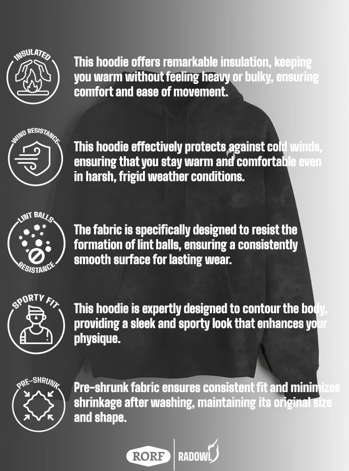 This image showing features of Shadowlift Acid Wash Sporty Fit Gym Hoodie black which is insulated fabric, wind resistance, lint ball resistance, sport fit and preshrunked.