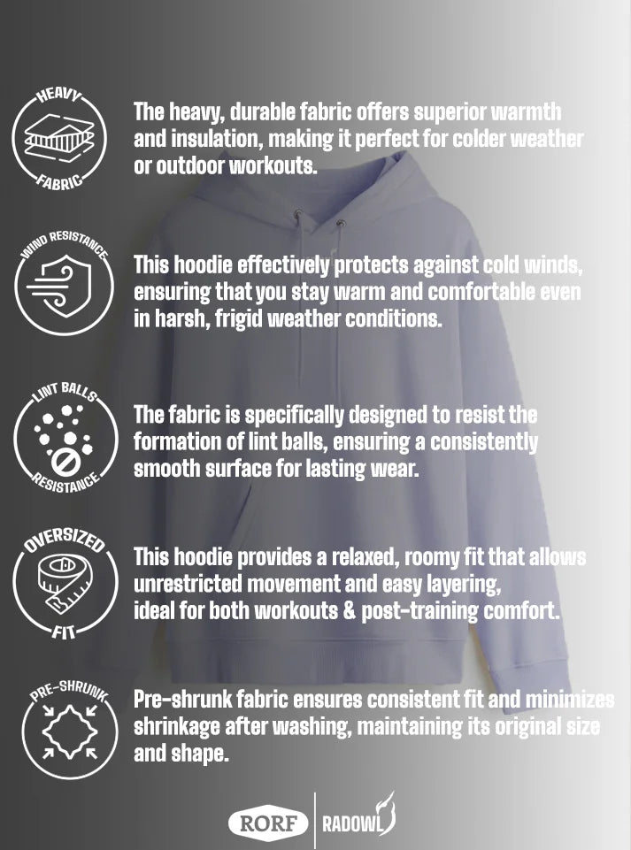 This image is showing features of Slay Oversized Heavy Hoodie Lavender, this hoodie have heavy fabric, Wind resistance, Lint balls resistance, Snug Fit And Pre-shruked fabric.