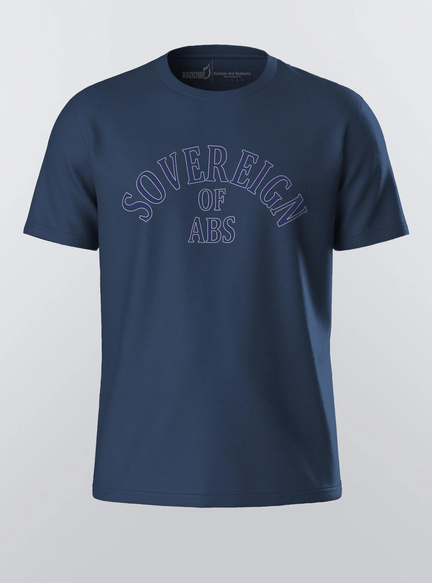 Font 3d shot of Sovereign Of Abs navy t-shirt, a top choice for gym clothing for guys, combining comfort and style for the best gym tshirt experience
