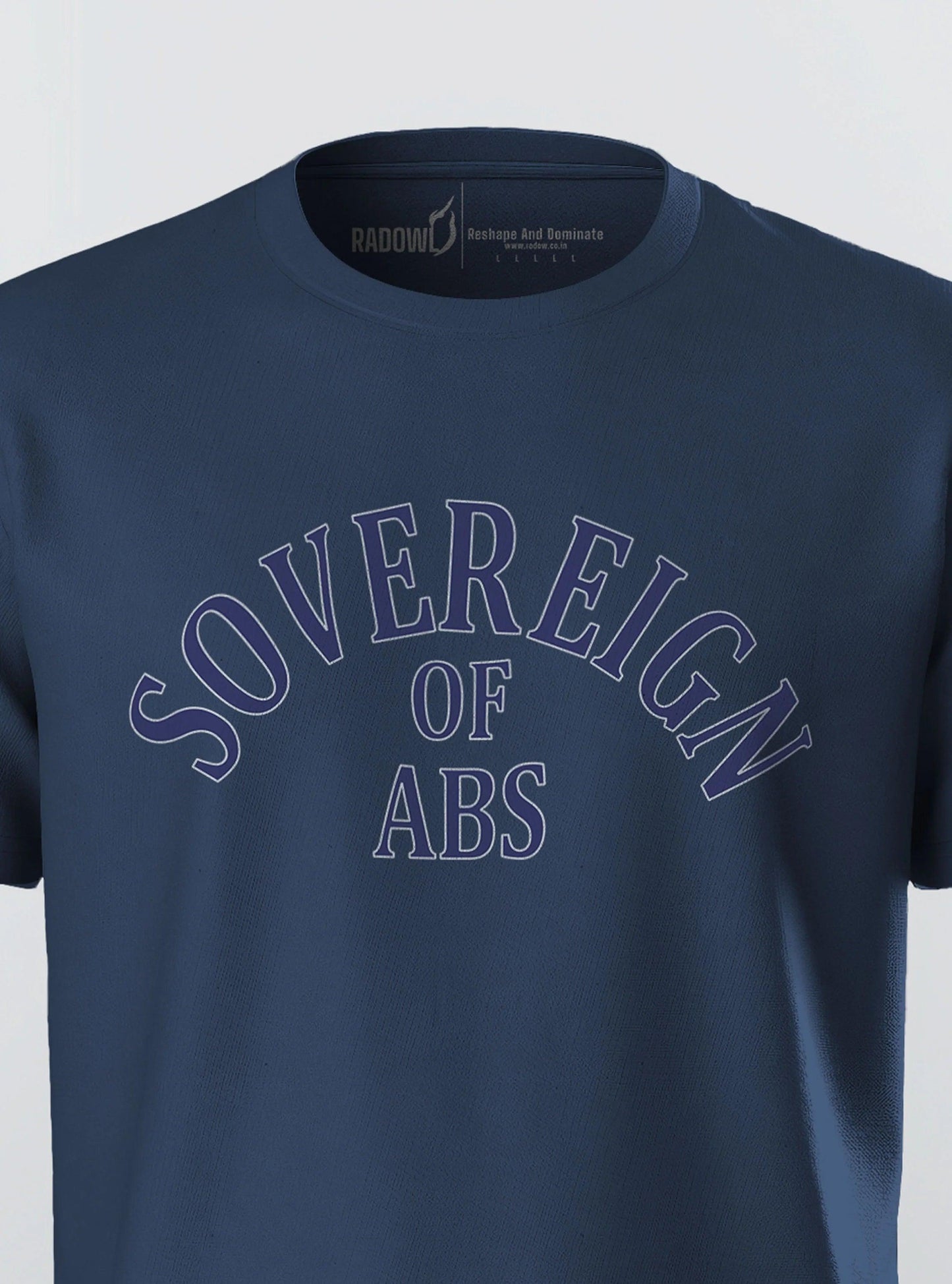 Close up front Activewear clothing: Sovereign Of Abs navy t-shirt for men, the ultimate gym shirt for male fitness enthusiasts