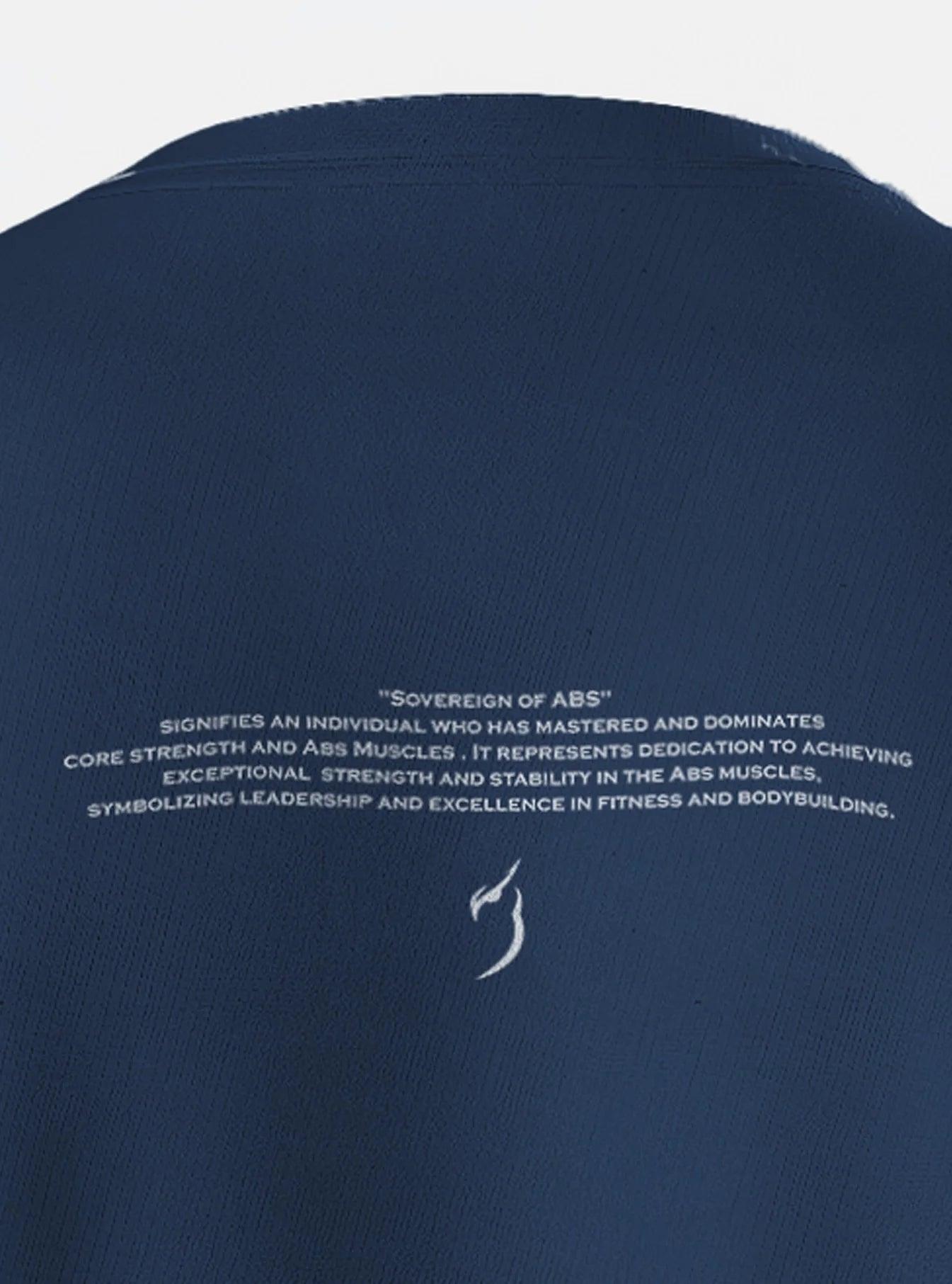 Men's fitness clothes: Sovereign Of Abs navy t-shirt, a must-have for gym men clothing and sports brands in India. back close up view