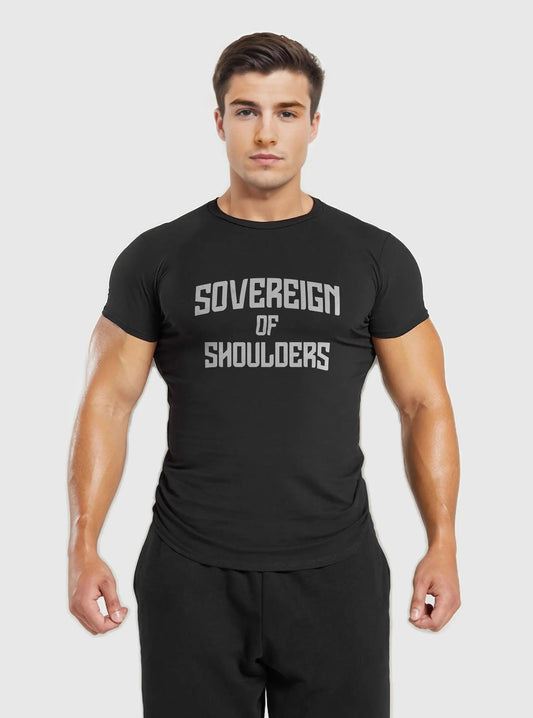 Men's black slim-fit gym t-shirt with Sovereign Of Shoulder print on the front, ideal for athletic wear and gym workouts.