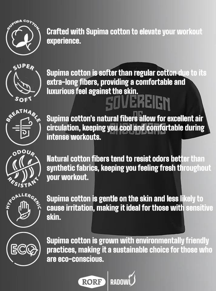 Highlighted features of the black Sovereign Of Shoulder gym t-shirt, including slim fit design and breathable fabric for men’s workout apparel.