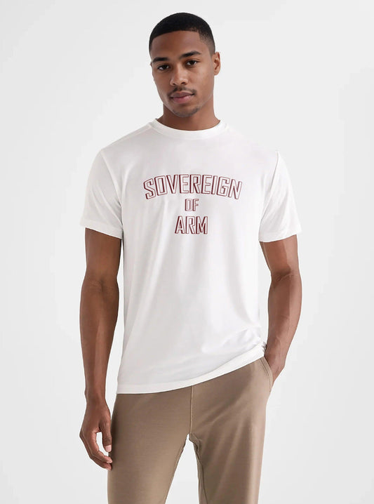 Front view of a man wearing the Sovereign of Arm White t-shirt, an activewear clothing piece designed for gym use, featuring slim-fit athletic wear perfect for showcasing arm muscles.