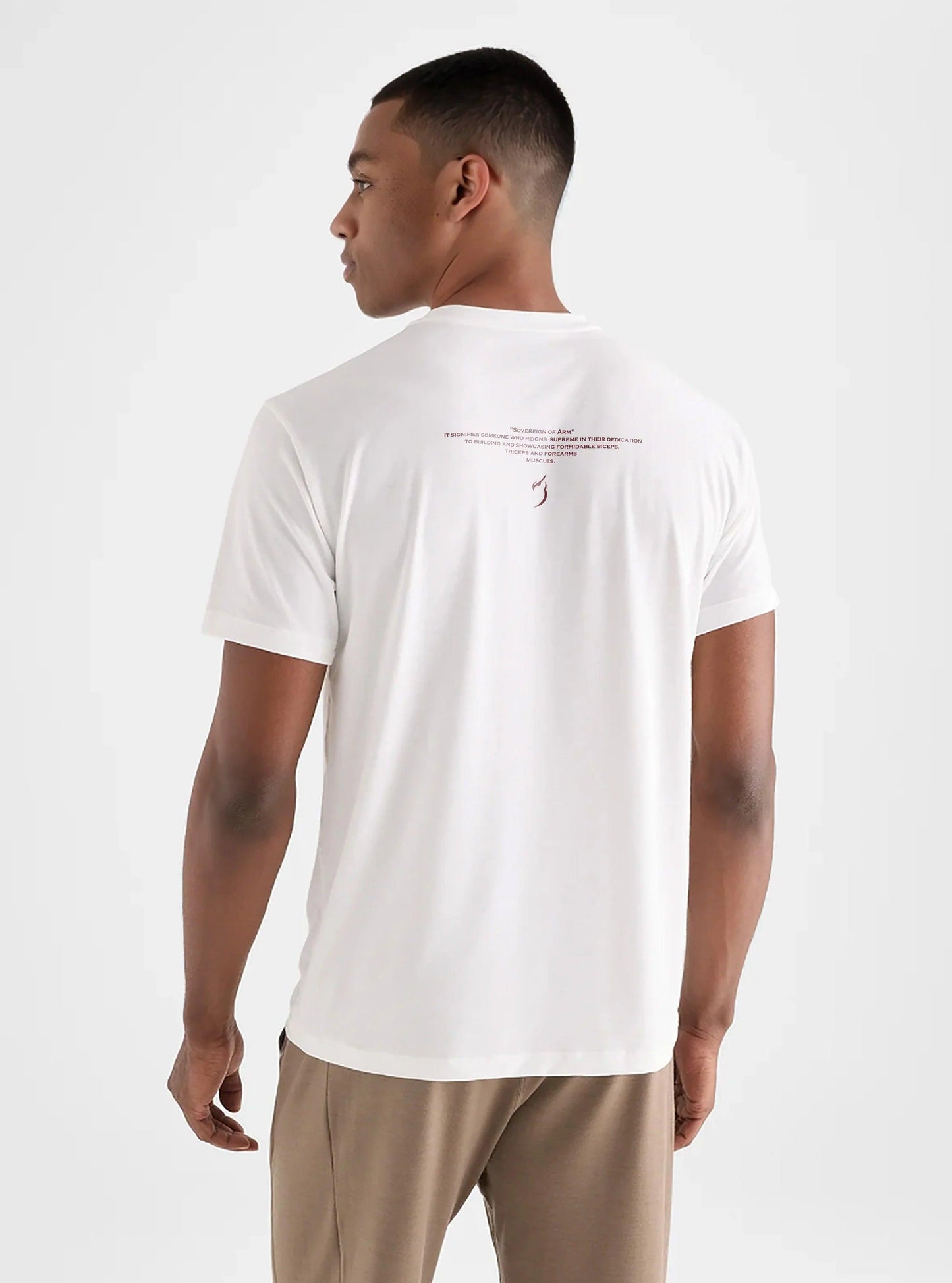 Back view of the Sovereign of Arm White t-shirt on a model, displaying the aesthetic design and comfortable fit of this gym clothing apparel for men