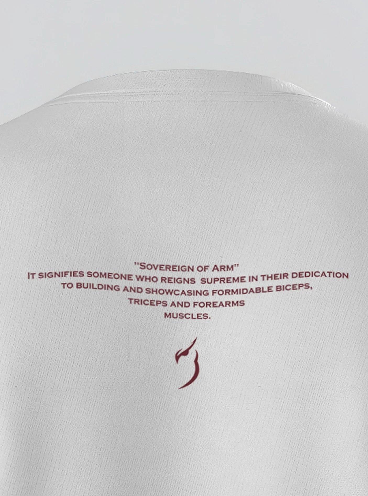 Detailed back view of the Sovereign of Arm White t-shirt, highlighting the smooth athletic fabric and slim-fit design, ideal for gym wear t-shirts.
