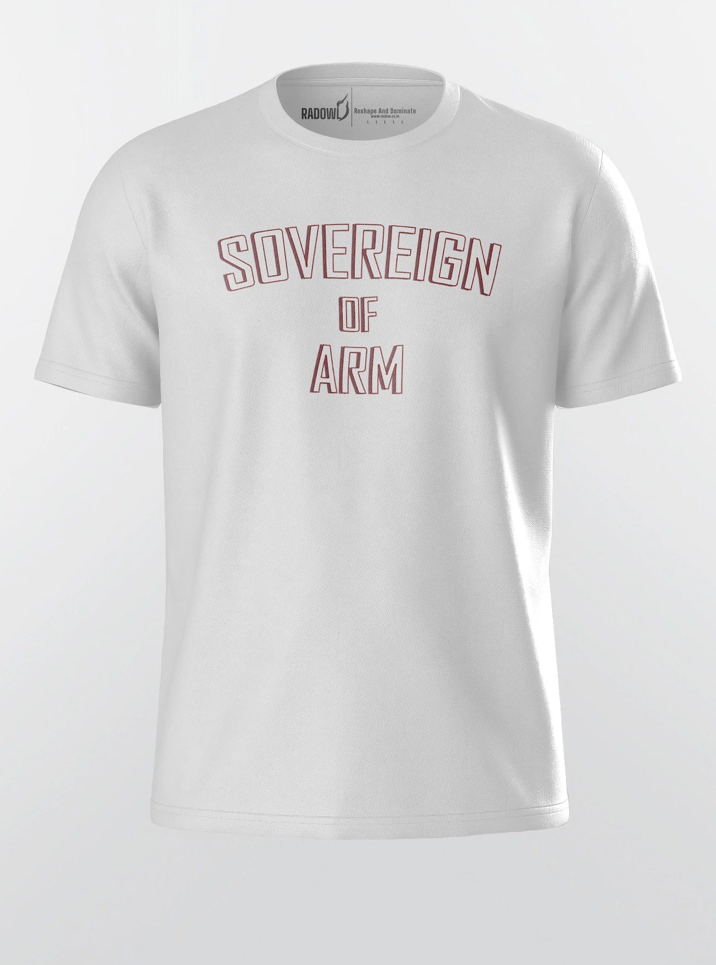 Full front view of the Sovereign of Arm White t-shirt, showcasing its sleek design and aesthetic fit, perfect for gym workouts and activewear clothing.
