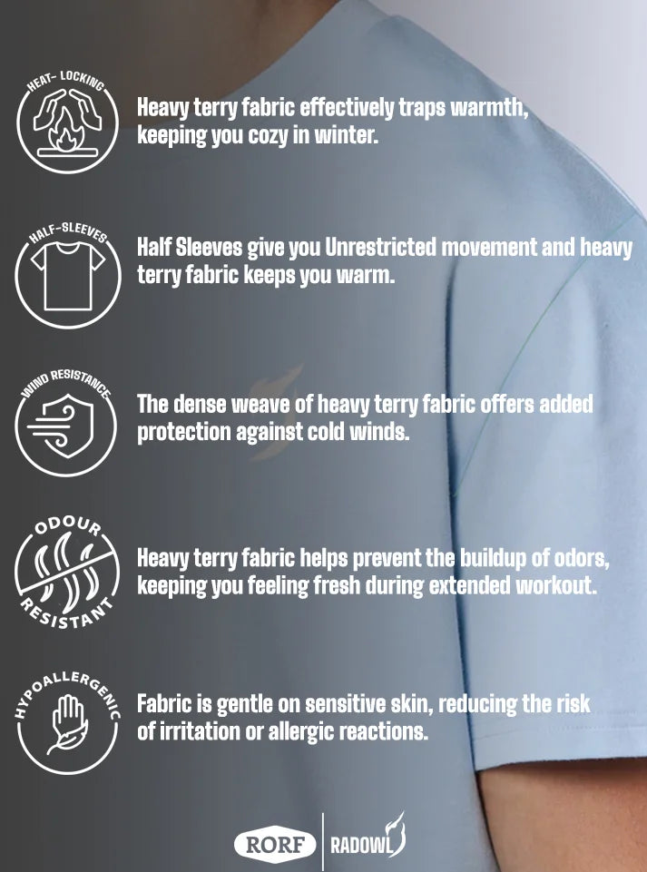 This image show key feature of strength heavyweight oversized tshirt ice blue, this tee have lot of feature and a product of radowl gym wear brand.