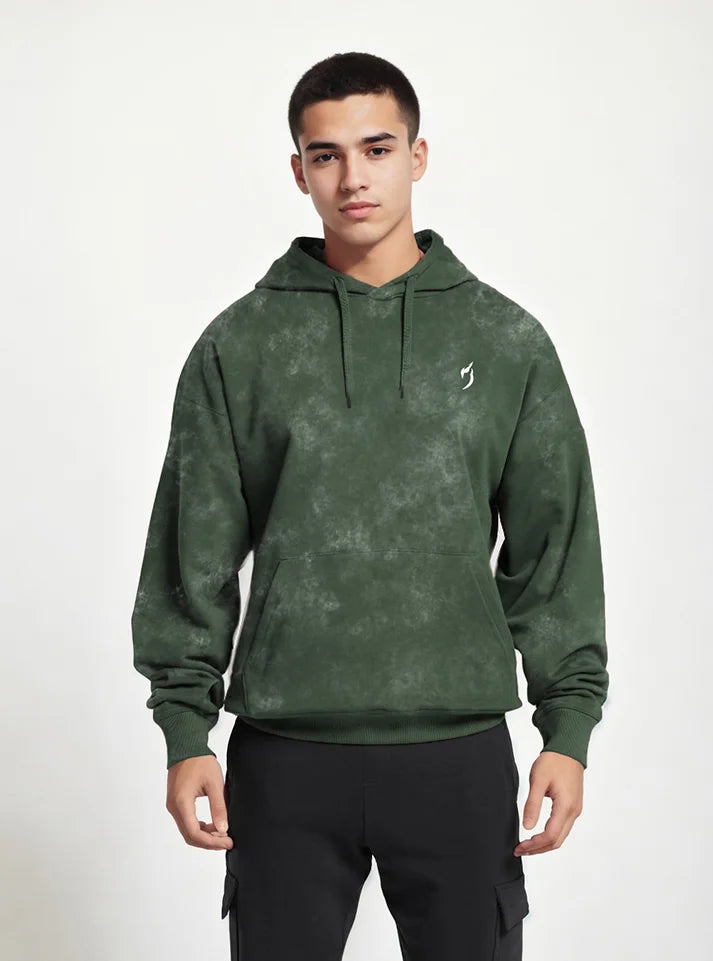 Front view of a gym athlete is wearing Huner green acid washed sporty fit gym hoodie by Radowl gym wear Brand this product name is "Wild Force Acid Wash Gym Hoodie - Hunter green" this hoodie have sporty fit,