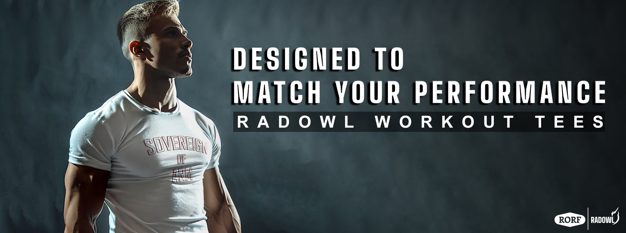 Cover photo of gym tshirt for men collection, men wearing a gym tshirt with soverign of arms written on it, half sleeve tshirt with comfy fabric best for gym workouts from radowl a best gym wear brand.