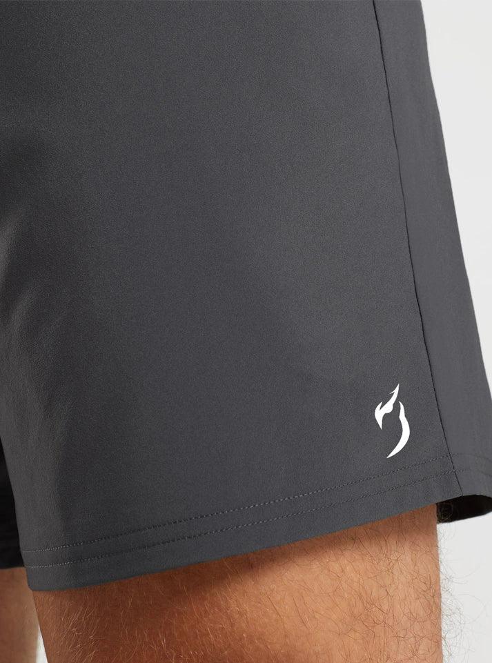 FlexFit Gym Shorts for men | running shorts for men - Charcoal Grey with white Radowl logo on left leg, designed for lightweight performance and sweat-wicking comfort buy now at radowl gym wear an ulimate gym partner for bodybuilders.