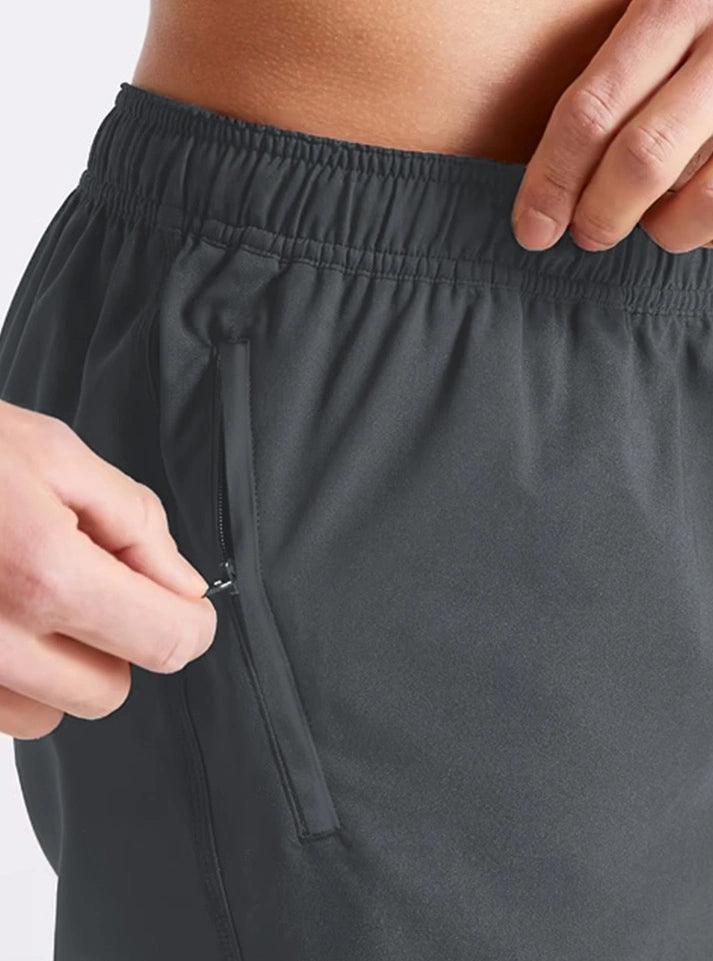 FlexFit Gym Shorts for men | running shorts for men. Men in charcoal grey, featuring a zip pocket and advanced temperature regulation for versatile workouts buy now at radowl gym wear a perfect choice for athletes.
