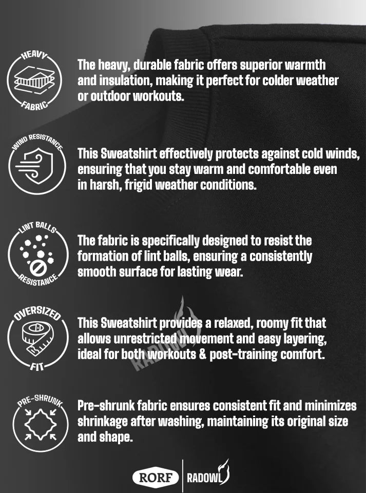 This image shows the features of Radowl Gym sweat shirt and the name of this sweatshirt is "Grind Oversized Sweatshirt Black", this sweatshirt have lot of perks like, heavy fabric, wind resistance, lint balls resistance, oversized fit & pre shrunk fabric. This sweatshirt is go to choice for gym lover during winters.