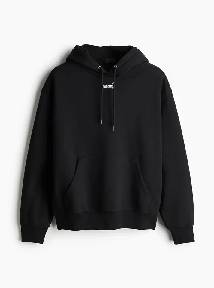 This i a image of Radowl brand hoodie place on white background and the product name of this hoodie "Legacy Oversized Heavy Hoodie Black" this is a perfect hooide for winters because it is made of heavy fabric which keeps body warm during harsh cold.
