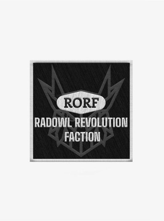 Square embroidery patch featuring the RORF logo with an owl and "Rebel of RORF" text in white on a black background, designed for gym bags or workout gear buy at radowl best gym wear brand in india