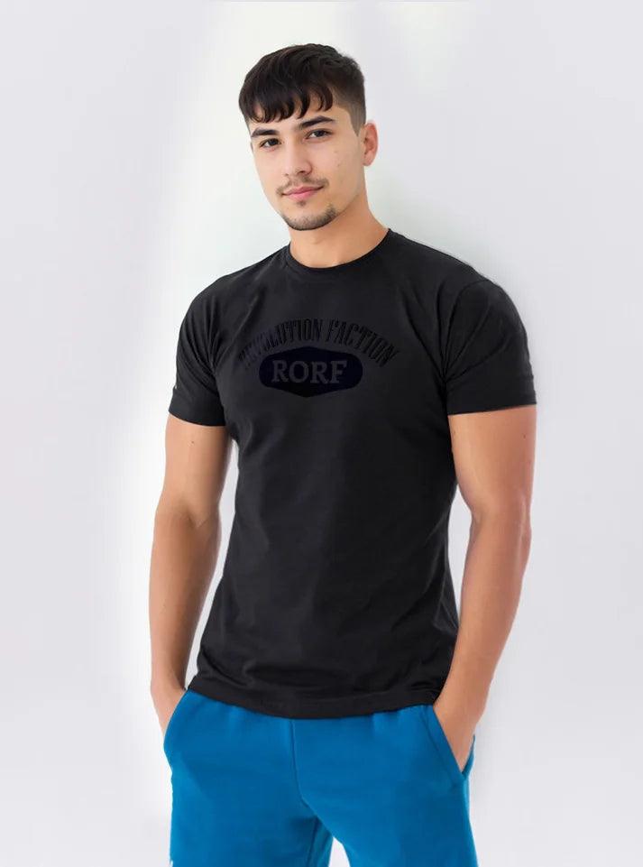 Slim-fit black gym t-shirt with RORF logo for men, perfect for activewear clothing and fitness workouts.