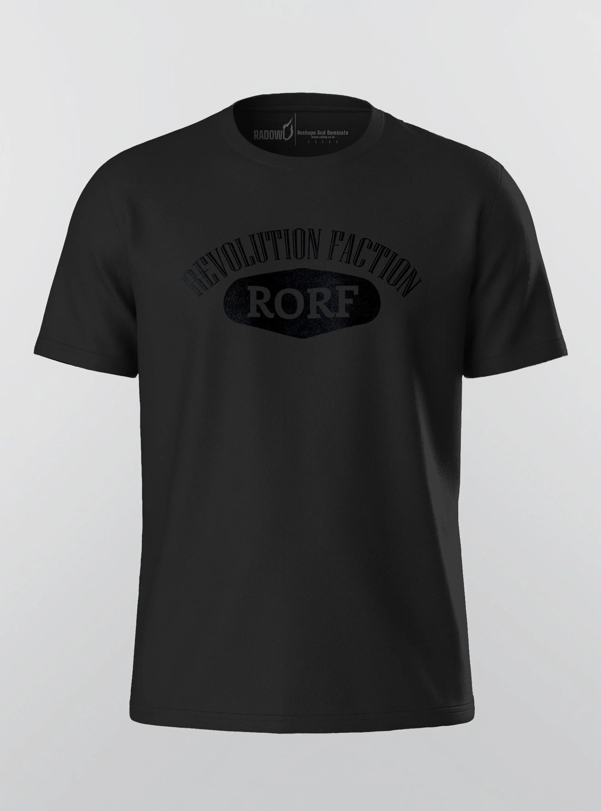 Minimalist black athletic t-shirt for men, featuring the RORF logo, ideal for gym training and workout apparel