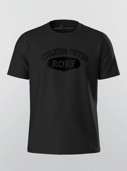 Minimalist black athletic t-shirt for men, featuring the RORF logo, ideal for gym training and workout apparel