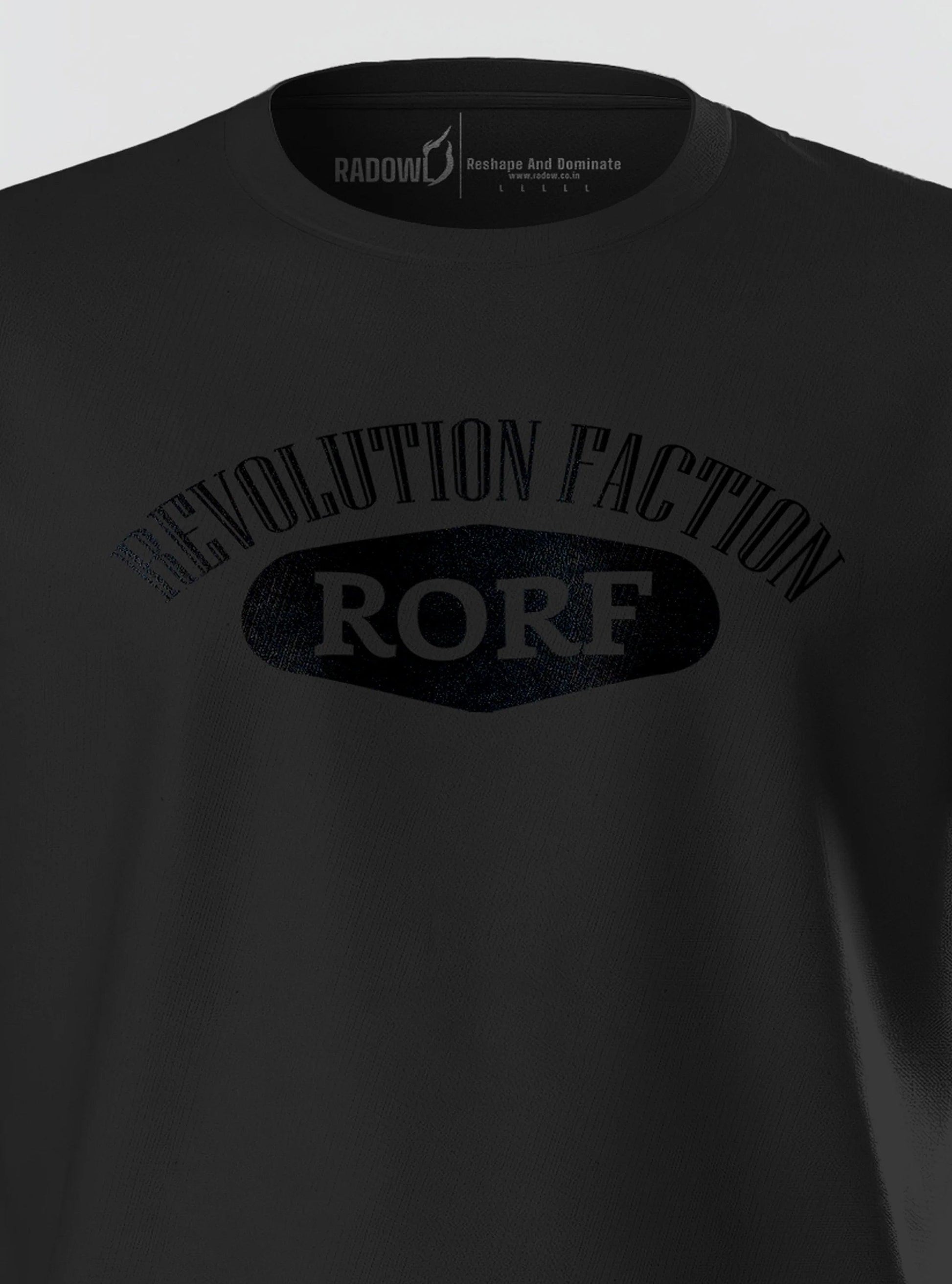 High-quality black gym shirt with RORF logo, offering a sleek design for best gym t-shirts and fitness clothes for men.