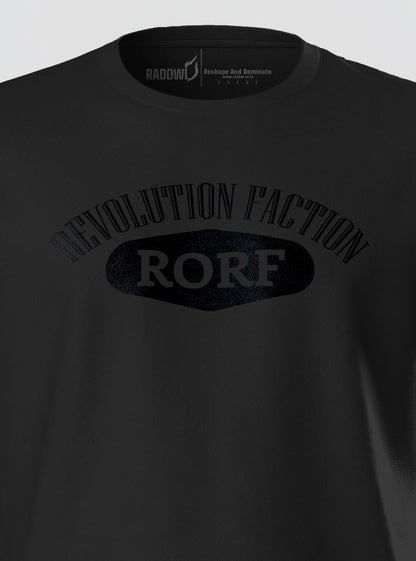 High-quality black gym shirt with RORF logo, offering a sleek design for best gym t-shirts and fitness clothes for men.