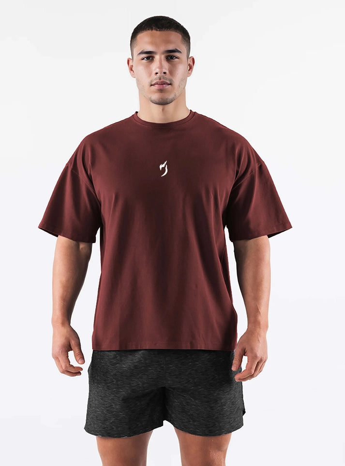 Gym Oversized maroon tshirt featuring 'Radowl' on the upper back and Radowl logo on the chest, designed for ultimate comfort during workouts and everyday use.
