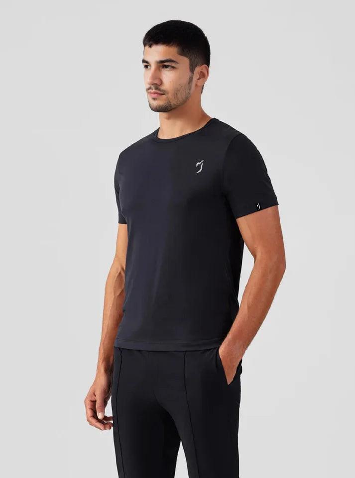 Black half-sleeve gym t-shirt for men, Radowl Black Emblem Tee, designed for HIIT and workout plans, made from Supima cotton.  Best gym wear brand