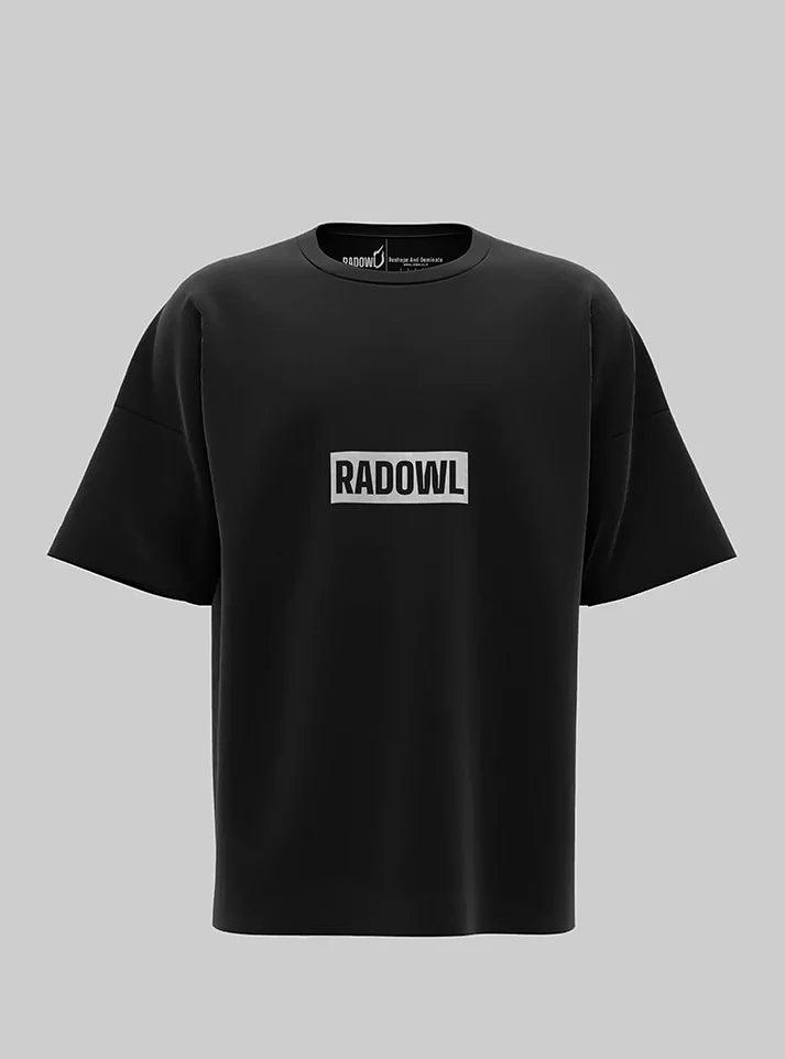 Black Radowl Bold Statement Gym Oversized T-Shirt, featuring the iconic 'Radowl' logo at the center. Perfect for fitness and gym wear, offering an oversized fit that enhances movement and comfort during workouts.
