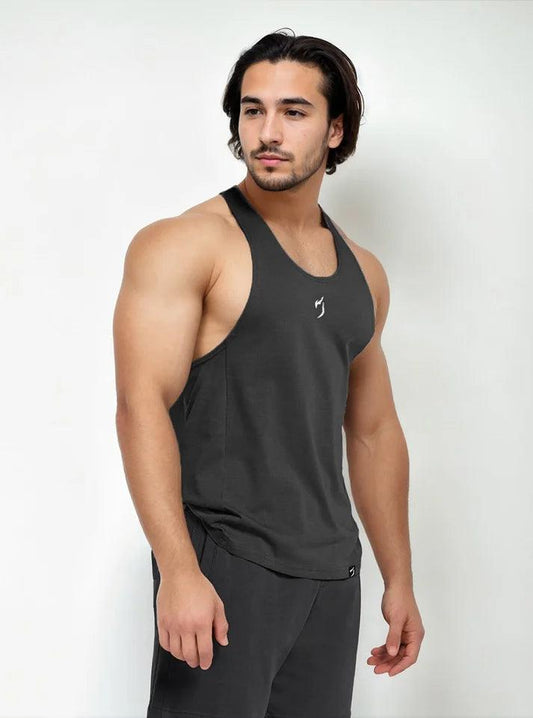 Black Radowl Emblem Stringer Gym Vest - Perfect gym wear for men with enhanced airflow, made from soft cotton dot knit fabric for natural movement during workouts.