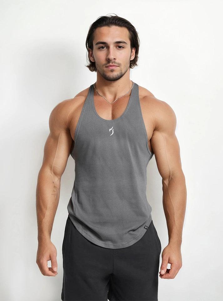 Grey Radowl Emblem Stringer Gym Vest for men, perfect for gym workouts, made from soft cotton dot knit fabric