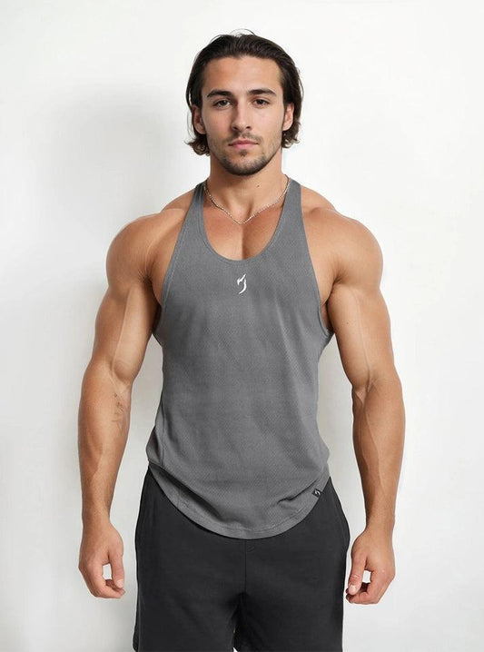Grey Radowl Emblem Stringer Gym Vest for men, perfect for gym workouts, made from soft cotton dot knit fabric