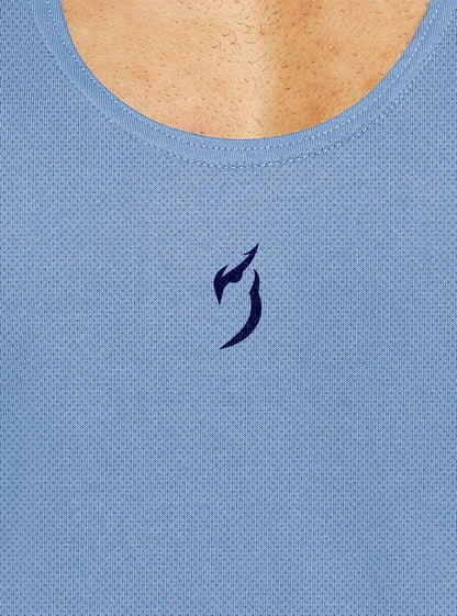 Side view of ice blue stringer gym vest with off-shoulder design, perfect for workouts