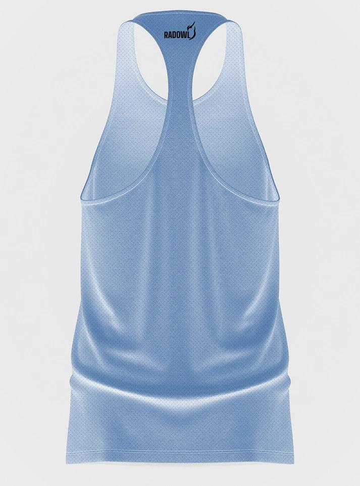 Gym stringer vest in ice blue for men, designed for unrestricted movement during workouts.