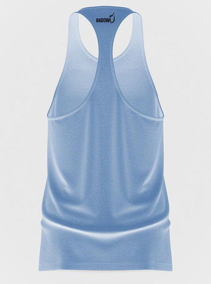 Gym stringer vest in ice blue for men, designed for unrestricted movement during workouts.