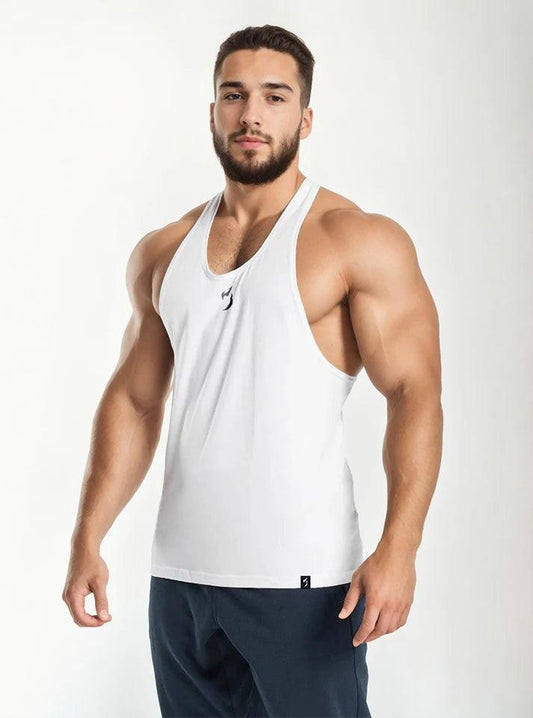 White Radowl Emblem Stringer Gym Vest displayed on a model, featuring the Radowl logo on the chest and back, highlighting enhanced airflow and natural movement.