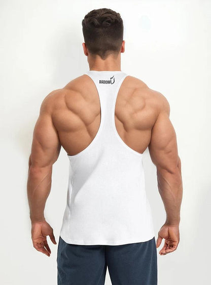 White gym vest for men shown from the back, featuring the complete Radowl logo and a design that enhances airflow during workouts. 
