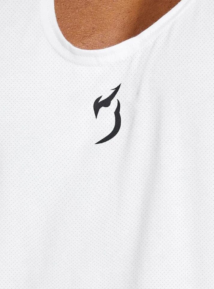 Men white gym stringer vest with the Radowl logo in focus, highlighting the vest's sleeveless design for unrestricted movement.